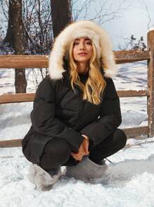 SHEIN EZwear 1pc Women's Winter Woven Wind Resistant Contrast Fuzzy Trim Coat - Black - View 3