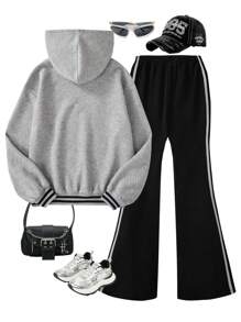 Sparklyn 2 件套青少年女孩字母印花连帽衫运动衫和喇叭裤休闲装，秋冬 - 灰色 - 查看 2