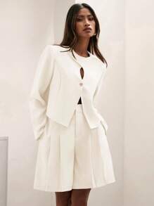 COSMINA 1 件女式秋季纯色圆领长袖单排扣时尚夹克 - 白色 - 查看 7