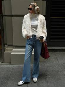 Aloruh Women Casual Chic Hooded Loose Long Sleeve Fluffy Warm Jacket