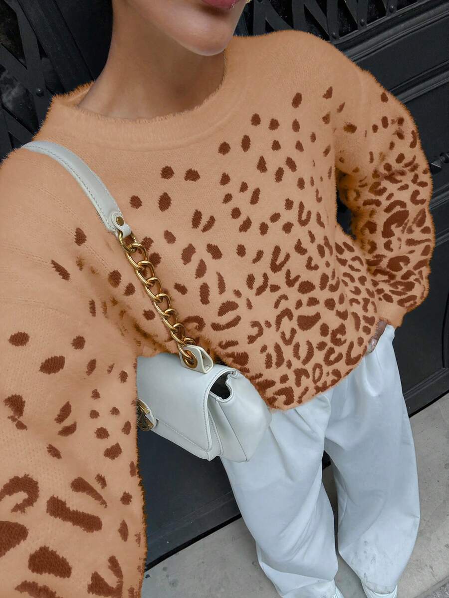 EURMUSE Casual All-Over Cheetah Pattern Crew Neck Long Sleeve Pullover Sweater - Camel - View 1