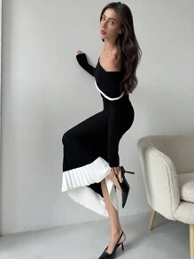 Aloruh 女士露肩拼色修身鱼尾下摆优雅毛衣连衣裙 - 黑色 - 查看 5