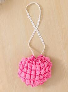 2 件套年轻女孩圆领针织泡泡袖连衣裙配斜挎包，适合日常休闲穿着 - 粉色 - 查看 4