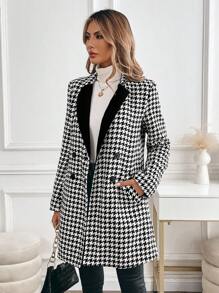 SHEIN Clasi Women's Houndstooth Pattern Commuter Coat, Autumn/Winter - Black and White - View 4