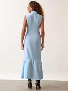 SHEIN Unity Women's Solid Color Front Button Long Sleeveless Old Money Style Elegant Dress - Blue - View 2