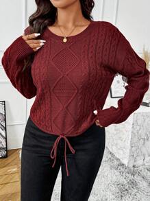Flirla Große Größen Damen Twist Seil Zopf Kordelzug Strickpullover Strickpullover Herbst Winter Pullover - Bordeaux - Übersicht 1