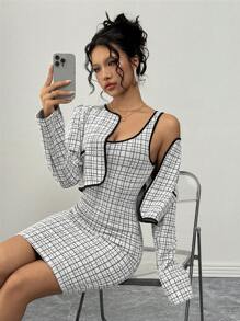 Rafferiza 法式圆领黑白撞色毛圈布短外套 & 无袖后拉链黑色纽扣装饰迷你连衣裙 2 件套，秋冬 - 黑與白 - 查看 3