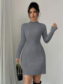 SHEIN Unity 1pc Fitted Rib Knit Sweater Dress Round Neck Fall Winter Cloth For Women - Dark Grey - View 3