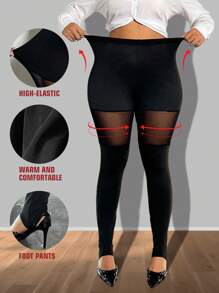 Maweii Plus Size Women Solid Color High Waist Mesh Contrast Skinny Leggings - Black - View 1