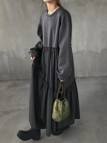 FRIFUL Women Round Neck Long Sleeve Pleated Minimalist Mid-Length Casual Dress,Fall Clothes