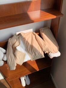 SHEIN 2pcs Baby Unisex Casual All-Match Long Sleeve Cardigan Jacket And Elastic Waist Thickened Fleece Pants Set