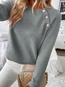 SHEIN LUNE Women Plain Button Decor Long Sleeve Casual Blouse Knit Pullover Fall Winter Outfit