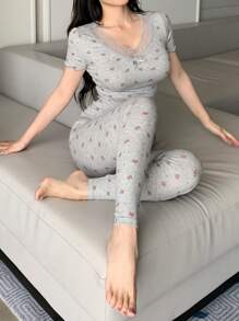 DAZY Lace Patchwork Floral All-Over Print Ruffle Hem Short Sleeve Pajama Set - Grey - View 4