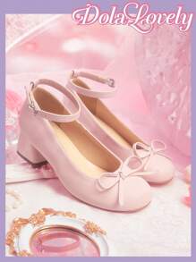 Dola Lovely 圆头低帮蝴蝶结后带粗跟高跟鞋，时尚女士高跟鞋新年假期情人节 - 粉色 - 查看 1
