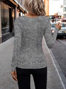 SHEIN Clasi Curvy Plus Size Women's Sparkly Printed V Neck Long Sleeve Casual High Stretch Knit Top, Daily Wear, Suitable For Spring Autumn And Winter, Going Out,Christmas,Christmas Clothes Women,New Years