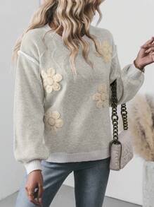 SHEIN LUNE Suéter casual de cuello redondo de manga larga con decoración floral 3D para mujer