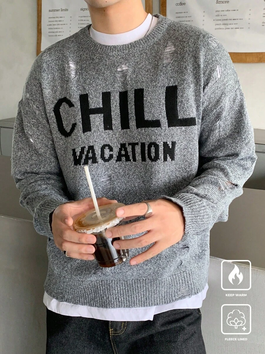 Manfinity CasualKnits Men's Casual Letter Pattern Crew Neck Long Sleeve Sweater, Autumn/Winter - Multicolor - View 1