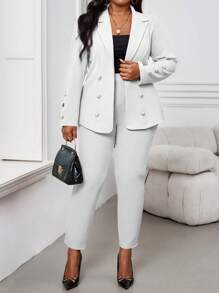 SHEIN Lady 大码女式两件套优雅工作套装，长袖纯色缺口领双排扣夹克和裤子套装，适合秋季通勤 - 白色 - 查看 5