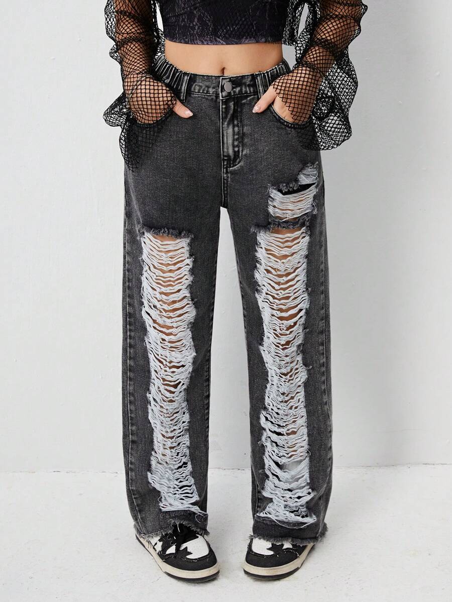 Y2K Streetwear Distressed Ripped Acid Wash Teenage Girls Denim Jeans - Grey - View 1