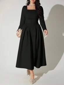 Modelyn Rochie de culoare solidă pentru femei, cu decolteu pătrat, talie, rochii lungi de seară de toamnă