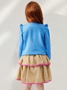 Blossori 年轻女孩动物图案圆领荷叶边下摆长袖毛衣 - 藍色 - 查看 2