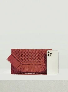 SHEIN VCAY Bolso de mano tipo embrague trenzado de paja con estilo bohemio, de parches y flecos, para vacaciones, San Valentín