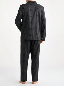 2pcs Casual Men Striped Front Button Long Sleeve Top & Pants Loungewear Set