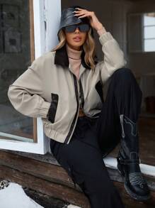 Aveloria Affinna Kurtka w stylu college'u Cool Girl PU Patchwork w kontrastowym kolorze z zamkiem błyskawicznym i długimi rękawami, dla kobiet zimą