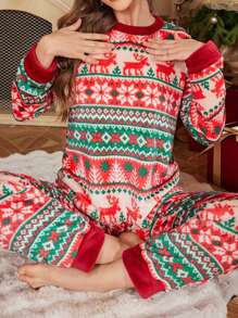 Zestaw piżamowy z nadrukiem świątecznym, długimi rękawami i spodniami, pluszowy element świąteczny - Wielokolorowe - Zobacz 4