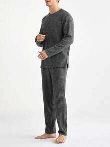 男士前扣长袖休闲上衣和长裤蓬松家居服套装，秋冬服装，舒适保暖 - 深灰色 - 查看 5