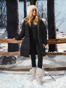 SHEIN EZwear 1pc Women's Winter Woven Wind Resistant Contrast Fuzzy Trim Coat - Black - View 10