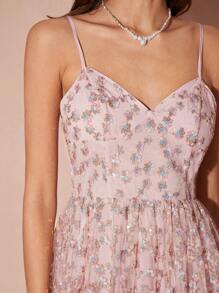 Enchnt Women's Pink V-Neck Mesh Embroidered Floral Waist With Cake Tiered Hem, Thin Sleeveless Waist And Elegant, Cute Long Spaghetti Strap Dress, French Spaghetti Strap Dress, Party, Date Spaghetti Strap Dress, Pastoral Spaghetti Strap Dress, Holiday, Fall Winter