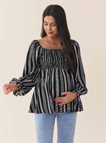 SHEIN Maternity Ditsy Floral Lantern Sleeve Blouse, Spring/Autumn - Black - View 7