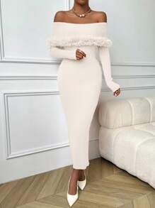 Chiquease 1pc Women Off-Shoulder Fuzzy Collar Long Sleeve Dress - White - View 4