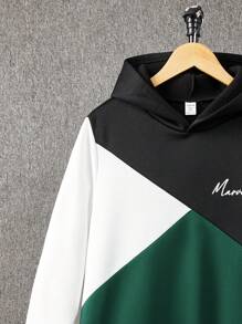SHEIN Sudadera con capucha con estampado gráfico de bloqueo de color, cómoda y versátil, para adolescentes - Verde Oscuro - Ver 4