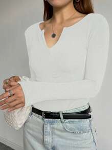 DAZY Débardeur slim femme de couleur unie, blanc, hauts pour femmes à manches longues pour le printemps/été - Blanc - Voir 4