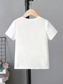 SHEIN Áo thun ngắn tay cổ tròn in logo chữ đơn giản cho bé trai, kiểu dáng thường ngày, thích hợp mặc cùng mẹ và bé (bán lẻ từng chiếc), thích hợp cho kỳ nghỉ hè. - trắng - Xem 3