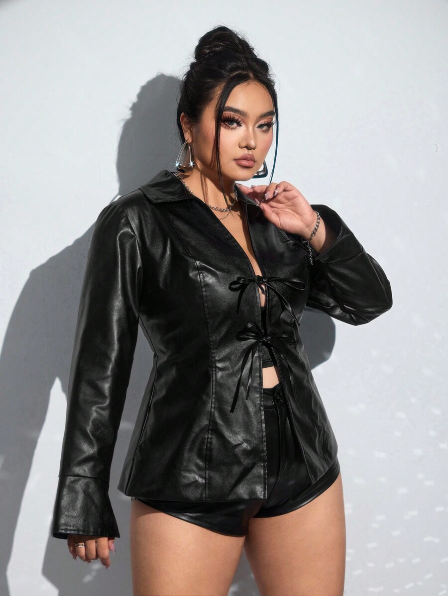SHEIN ICON Plus Size Women Icon PU Front Placket Bow Tie Waist Jacket