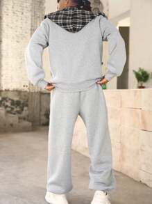 Manfinity Homme Men's Casual Plaid Patchwork Hoodie And Sweatpants Set - Light Grey - View 2