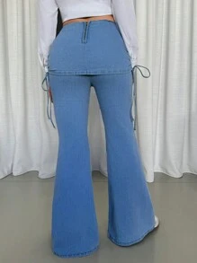 SHEIN Essnce Jeans casuales y versátiles con cordón lateral de campana para mujeres - Azul - Ver 2