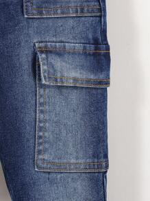 SHEIN Young Boys 2pcs/Set Blue Street Cool Distressed Ripped Frayed Long Sleeve Denim Jacket And Elastic Waistband Cargo Pocket Slim Fit Jeans Set,Casual And Versatile For Young Boys Fall/Winter Daily Wear Clothes Denim Set For Kidsdenim Young Boys Sets - Dark Wash - View 8