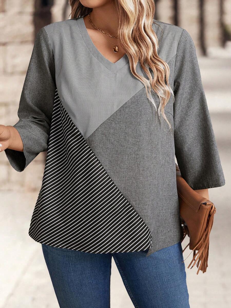 Plus Size Color Block V-Neck Patchwork Casual Shirt, Autumn - Grey - View 1