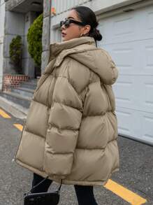 DAZY 纯色冬季连帽拉链长袖棉衣，冬季女装，冬季外套女式夹克 - 卡其色 - 查看 2