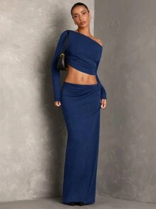 SHEIN BAE 女士灰色纯色优雅不对称领口褶皱针织上衣和低腰扭结裙套装，舒适时尚，适合约会之夜