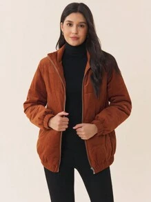 SHEIN 孕妇纯色全拉链前口袋简约长袖夹克，休闲日常穿着，适合冬季 - 咖啡棕 - 查看 7