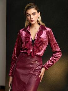 MOTF PREMIUM VELVET LAYERED RUFFLE TRIM SHIRT - Burgundy - View 6