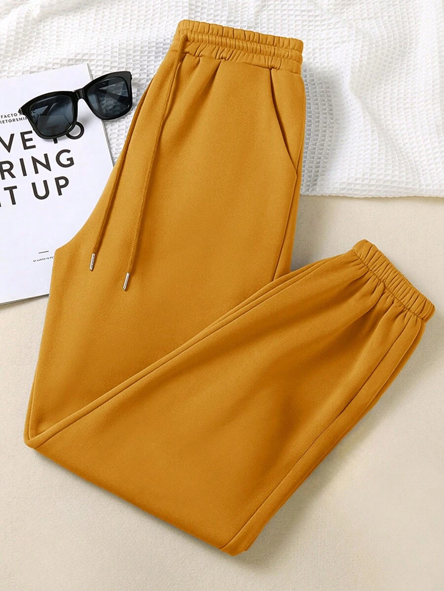 INAWLY Women's Autumn/Winter Solid Color Drawstring Waist Pockets Casual Sweatpants - Mustard Yellow - View 1