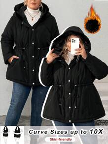 SHEIN CURVE+ Plus Size Women's Fluffy Hooded Padded Coat, For Winter - Black - View 1