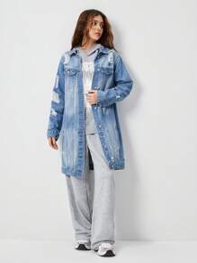 Teens Girls Medium Wash Distressed Simple Long Denim Jacket, Casual Outerwear