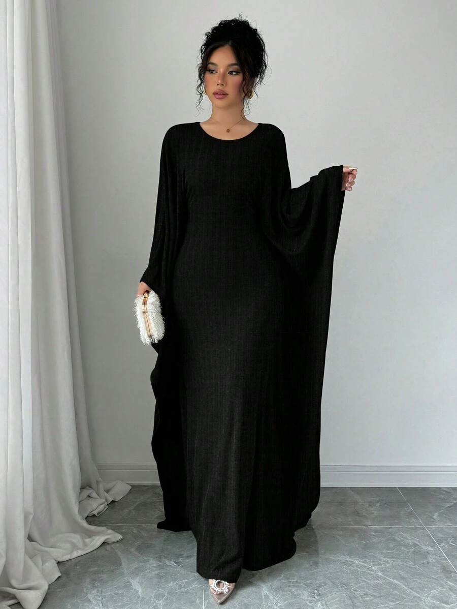 Elenzga 女士优雅纯色宽松褶皱面料宽松圆领蝙蝠袖连衣裙长款女装